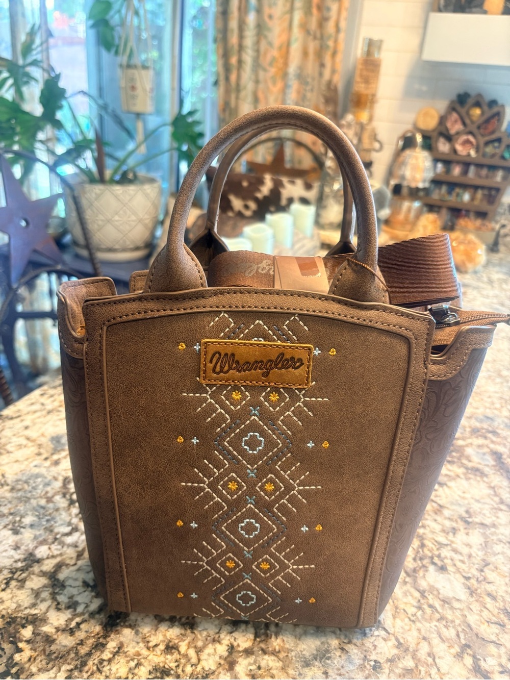 Wrangler Brown Mini Tote with Embroidered Geometric Detail